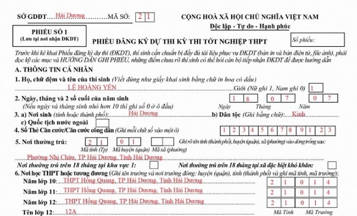 Hướng dẫn viết phiếu đăng ký dự kỳ thi tốt nghiệp THPT -1