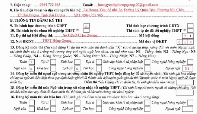 Hướng dẫn viết phiếu đăng ký dự kỳ thi tốt nghiệp THPT -2